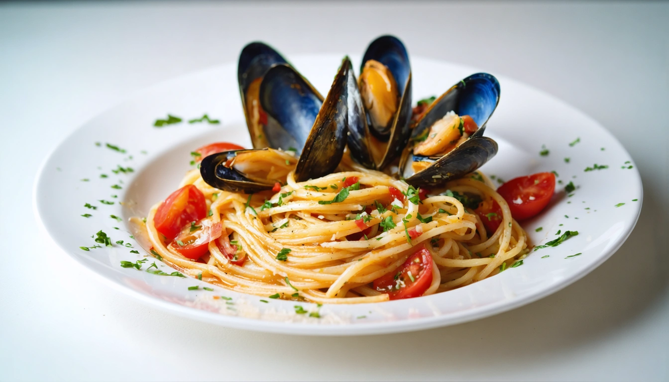 spaghetti con cozze e pomodoro